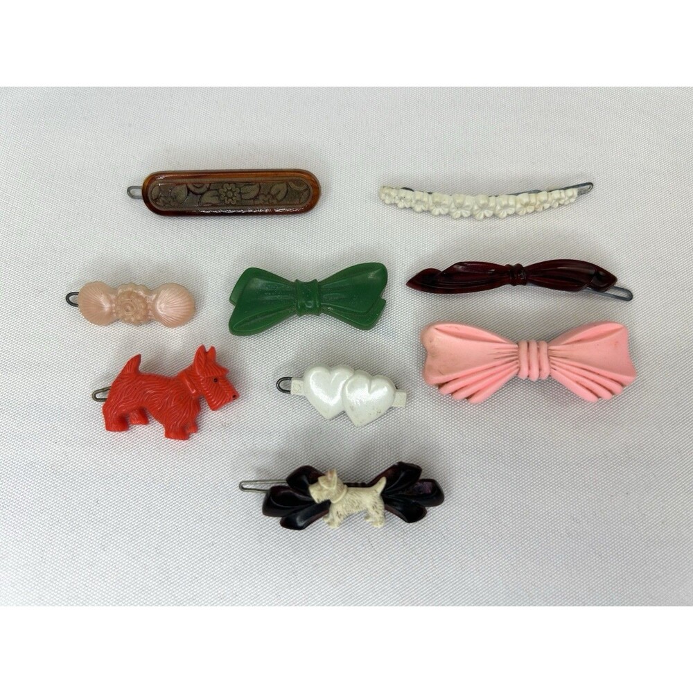 Vintage Plastic Hair Barrettes Goody Tilco Scotty Dog Bow Lot Of 9